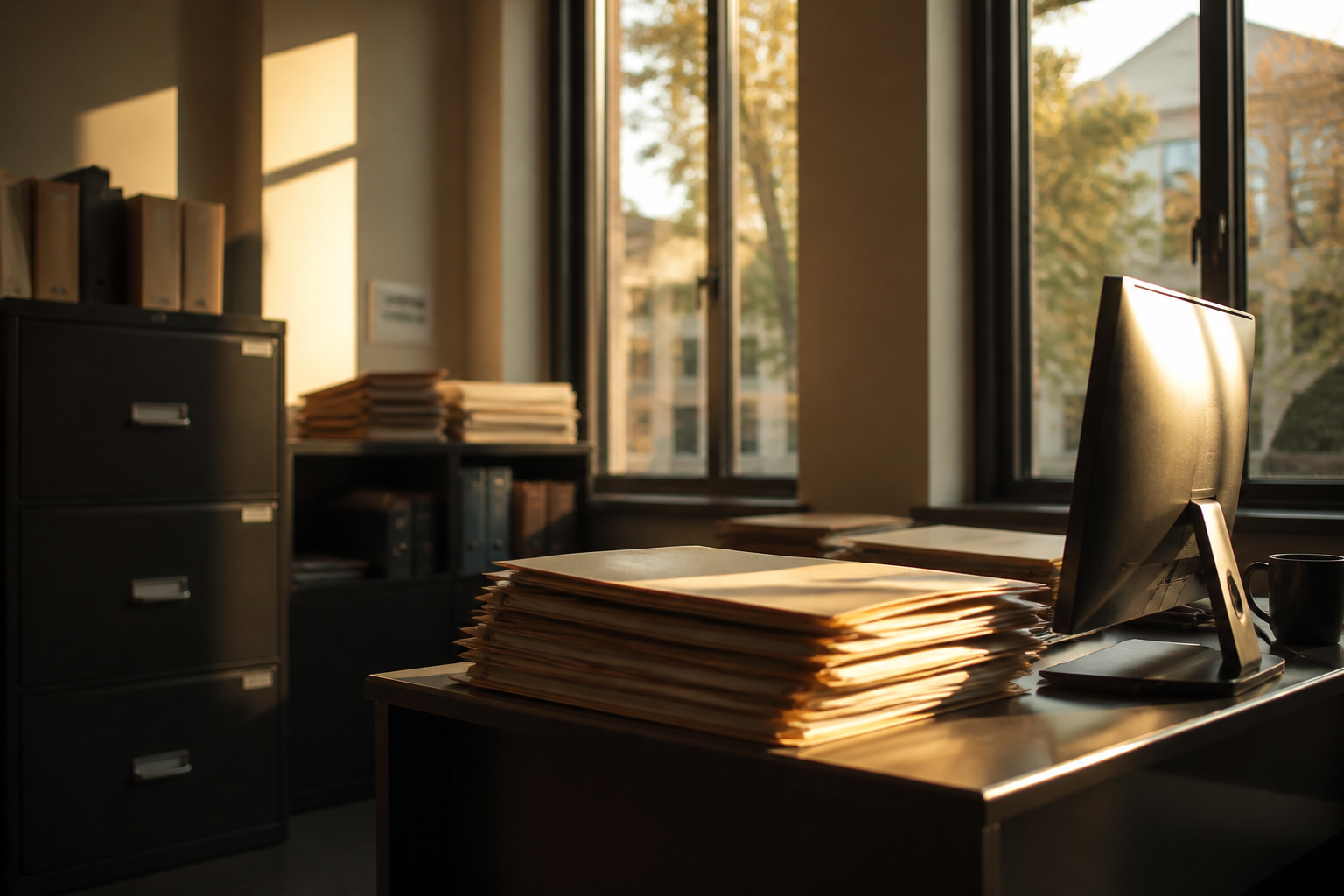 An empty university admissions office at dusk, application folders beside a glowing monitor