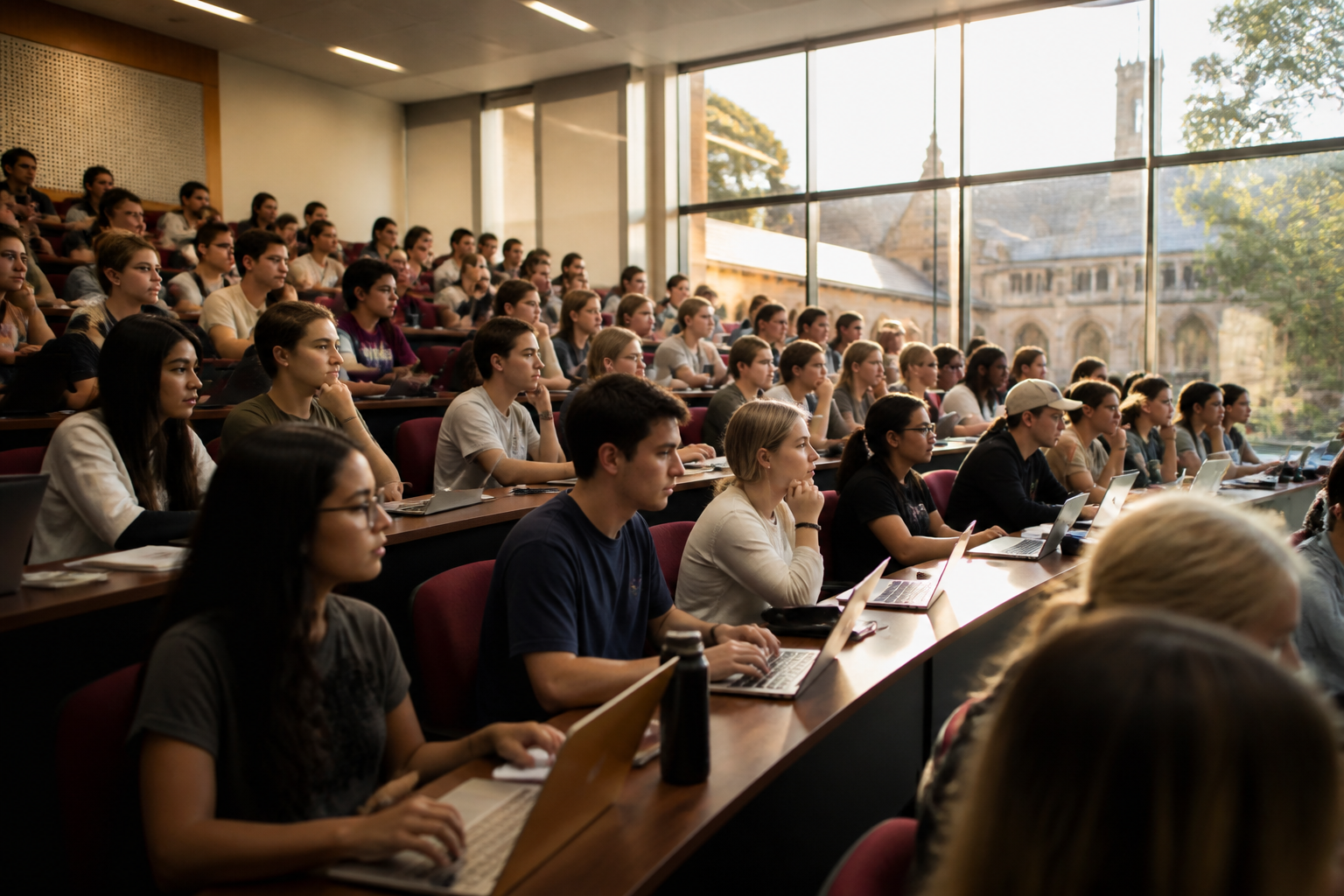 Students on laptops in a sunlit university lecture hall