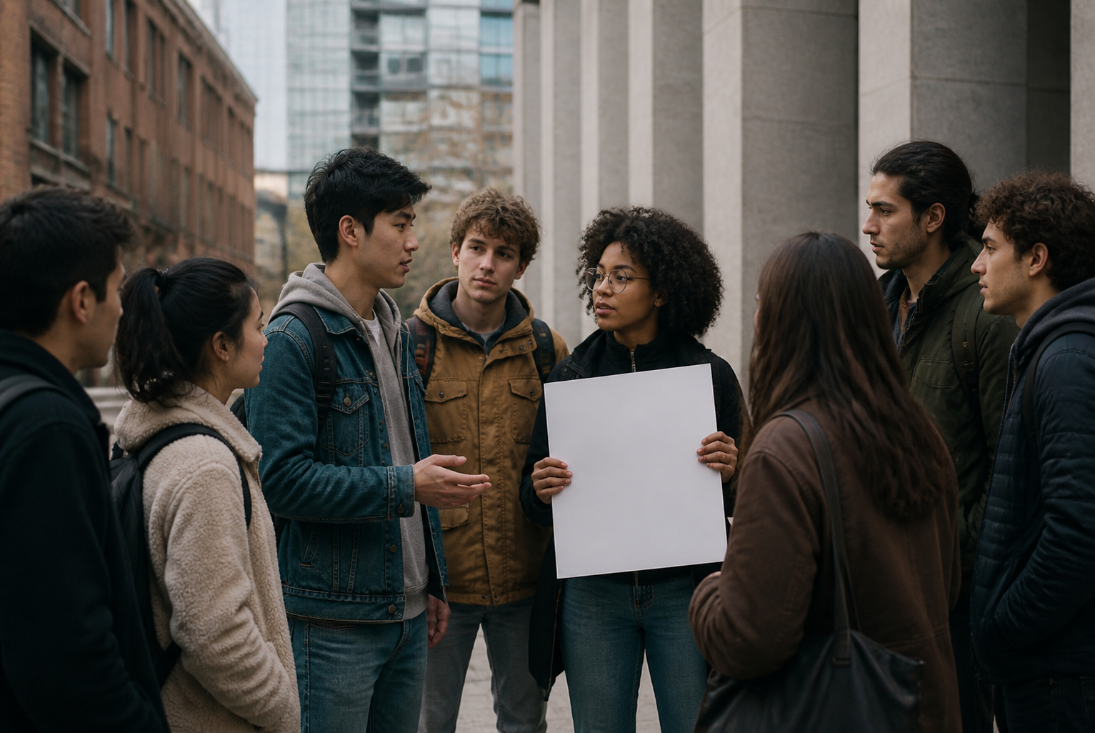 Eight university students standing in a loose circle on the granite steps of a dense urban city campus, mid-conversation, one holding a blank placard.