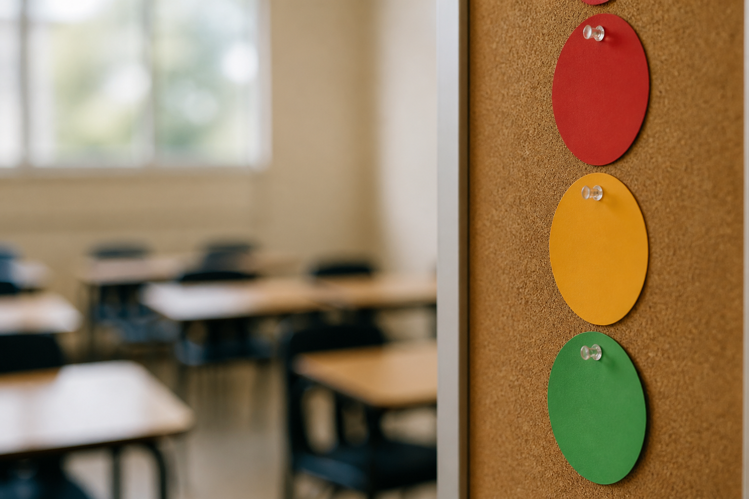 Close-up of three plain circles of coloured paper — red, amber and green — pinned in a vertical row on a classroom cork noticeboard.