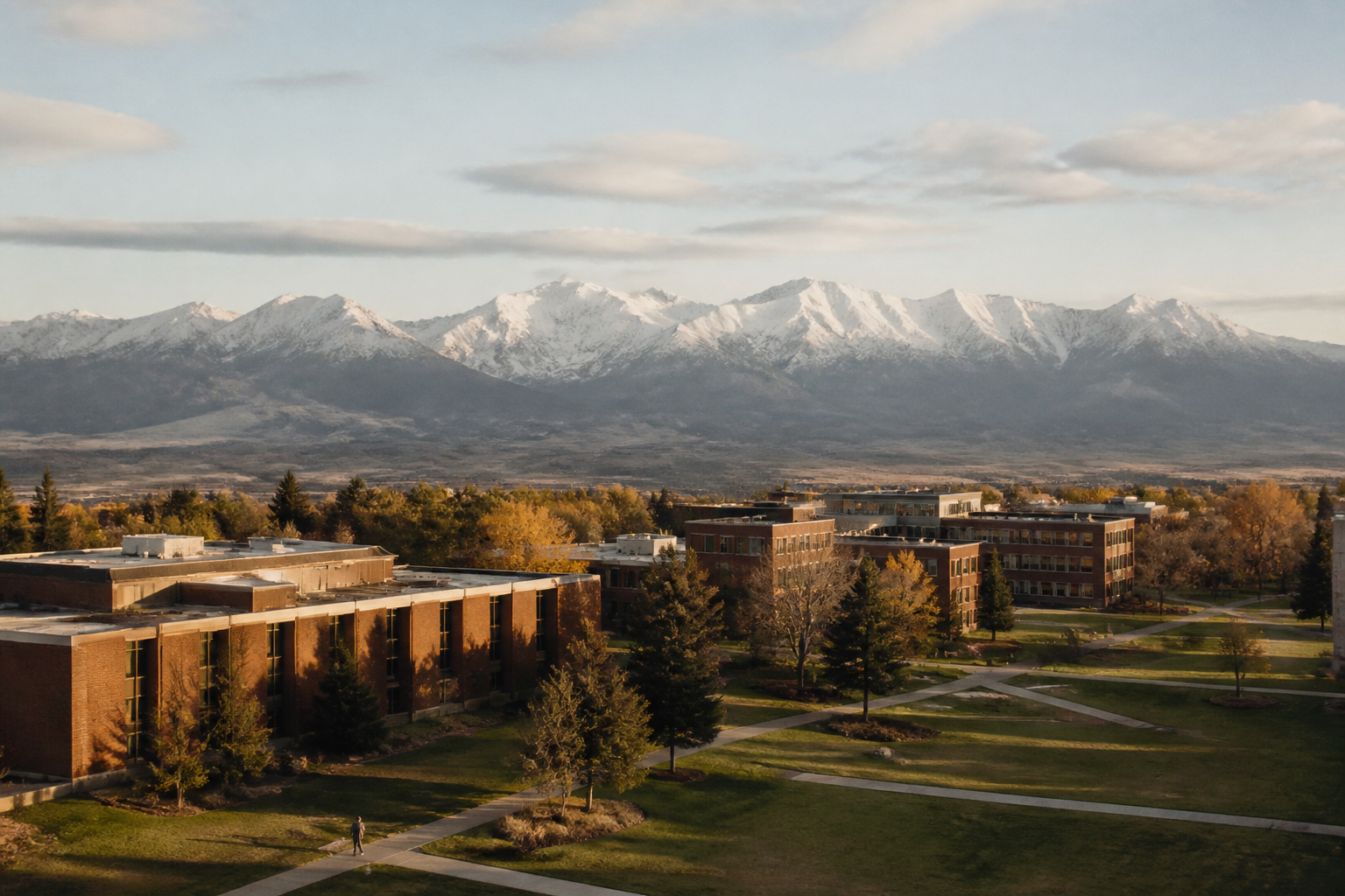 A college campus of low brick academic buildings and green quads on a high plain, with snow-dusted Rocky Mountain peaks in the hazy distance.