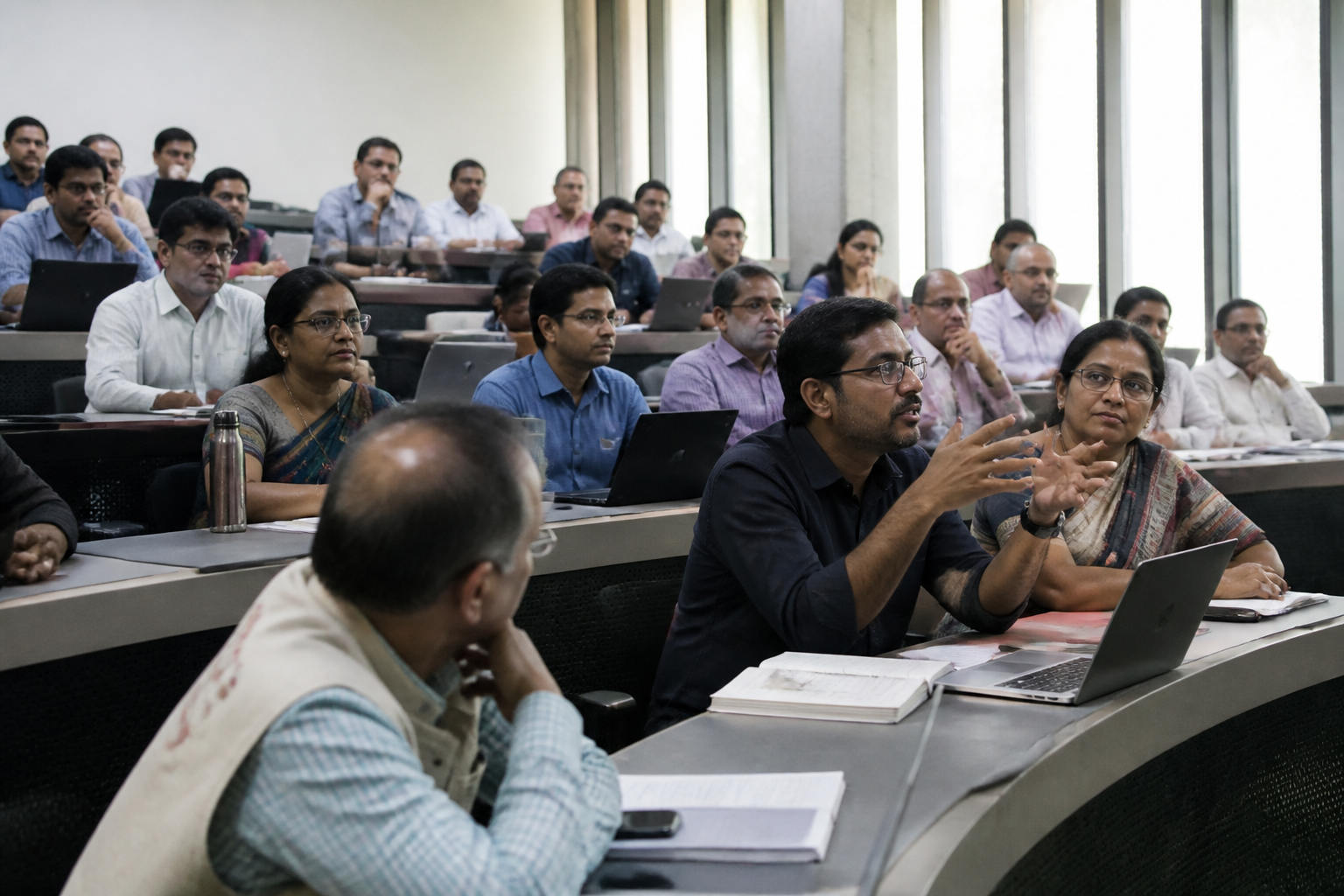 A professional development workshop for university faculty in India: about twenty academics at long tables in a bright tiered lecture hall, laptops and notepads open.