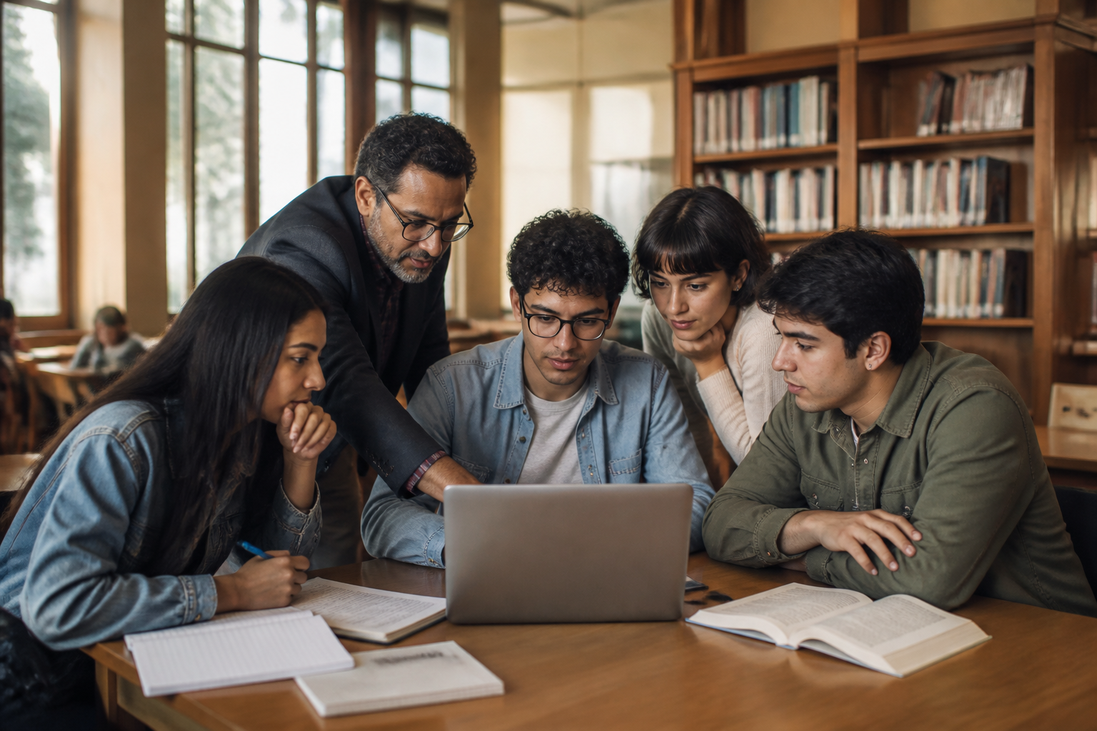 Students and faculty collaborating in a university library