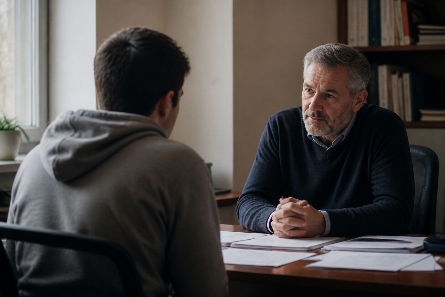 A student and a professor in a tense conversation across an office desk