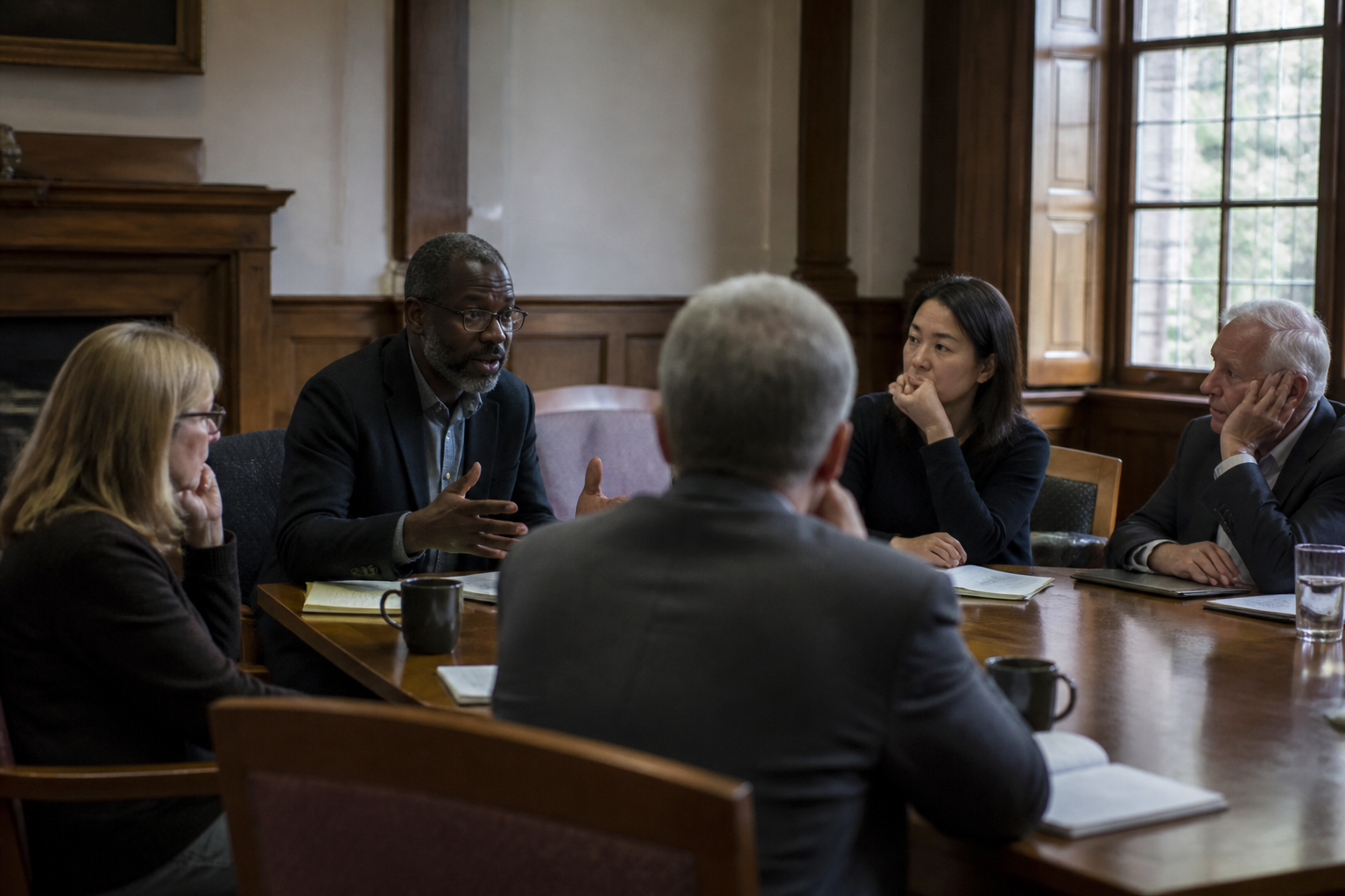 University faculty seated around a table in a wood-paneled meeting room