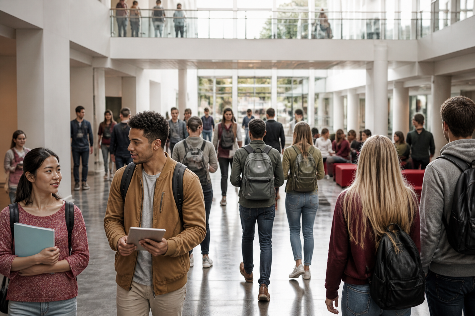 A wide, bright university atrium with students walking