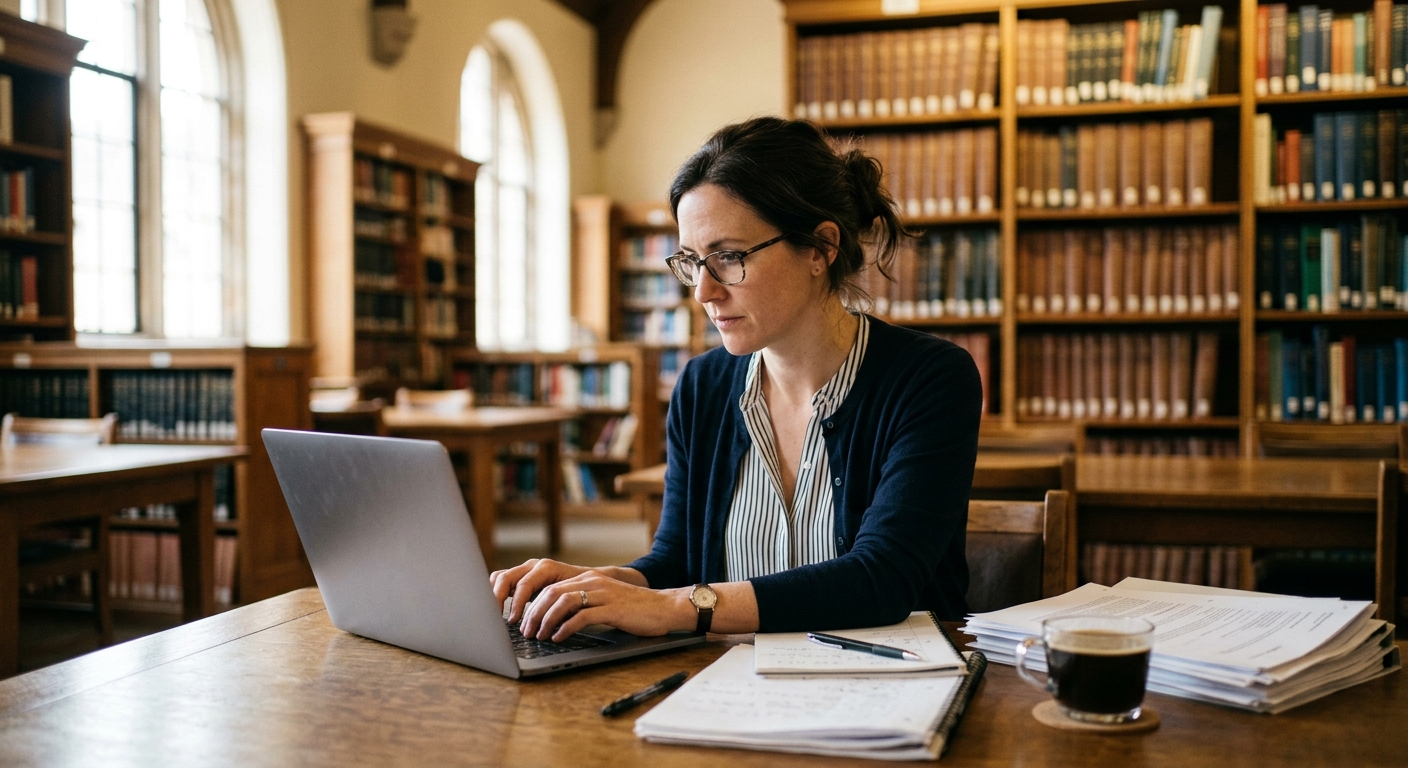 Researcher working at a laptop in a university library
