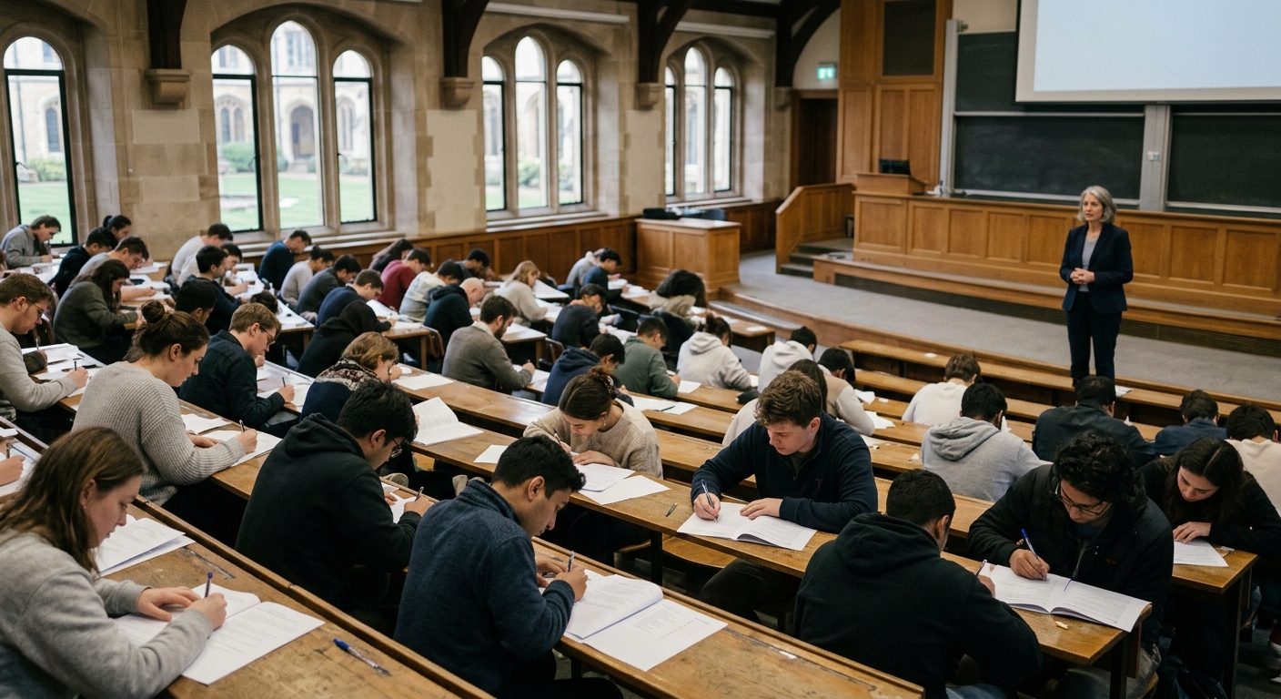 University students taking an invigilated, handwritten exam in a lecture hall