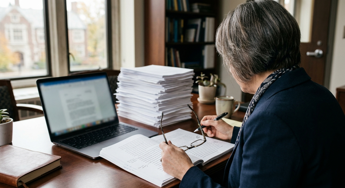 Administrator reviewing a tall stack of printed exams