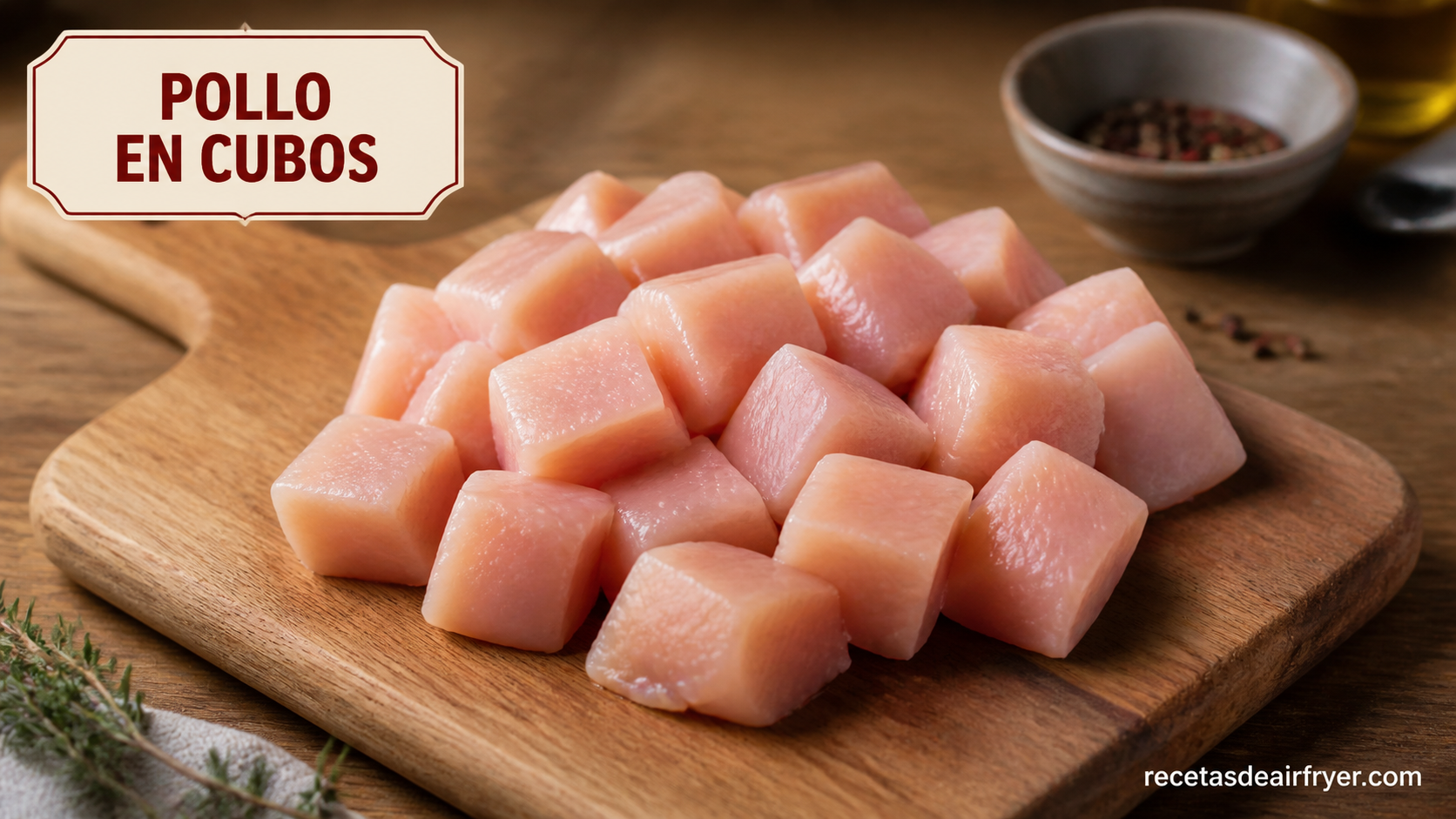 Trozos de pechuga de pollo crudos cortados en cubos uniformes para preparar nuggets