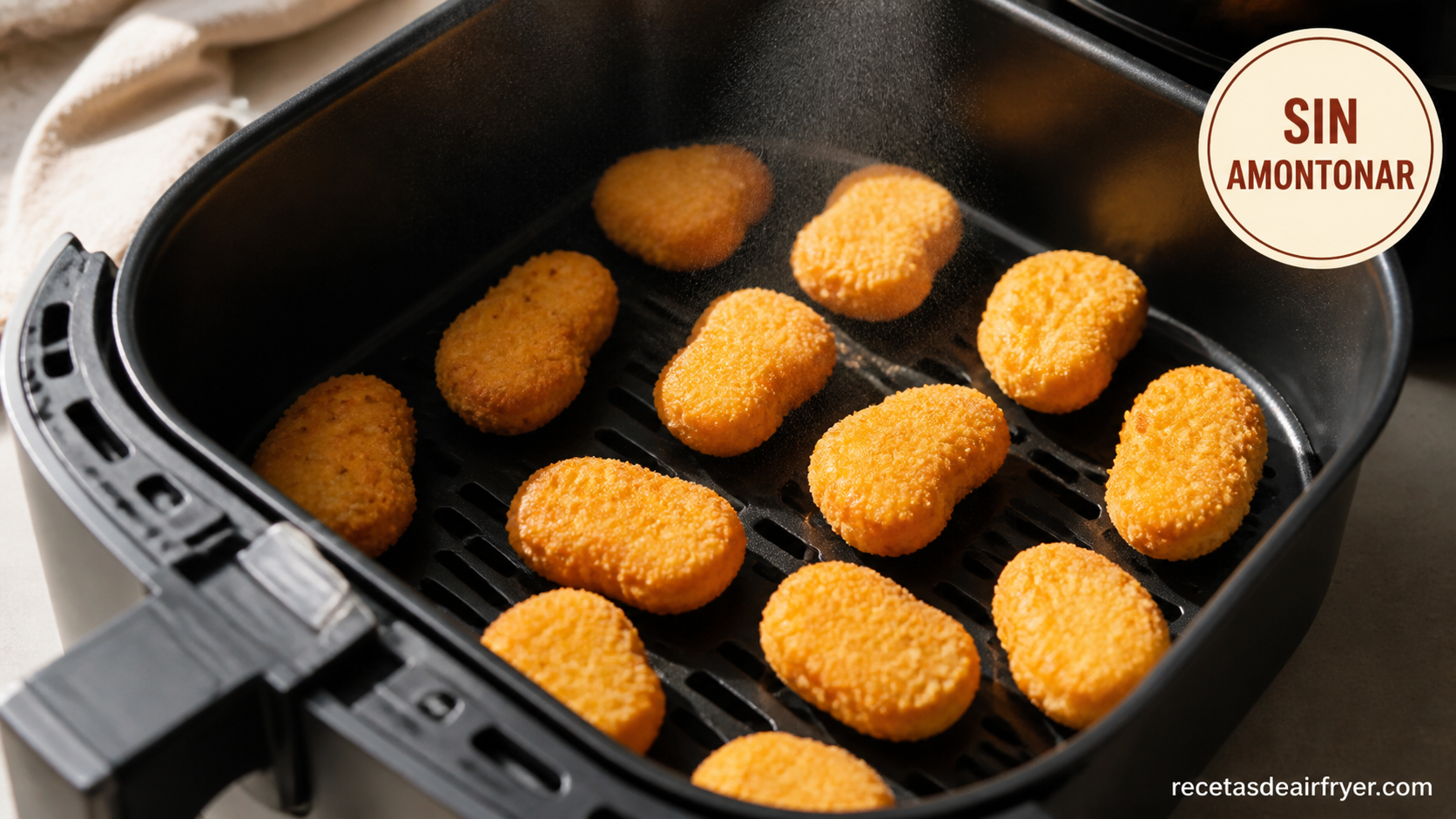 Nuggets de pollo colocados en una sola capa en la cesta de la freidora de aire