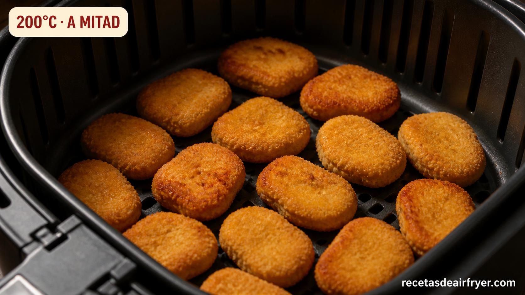 Nuggets de pollo a mitad de cocción empezando a dorarse en la freidora de aire