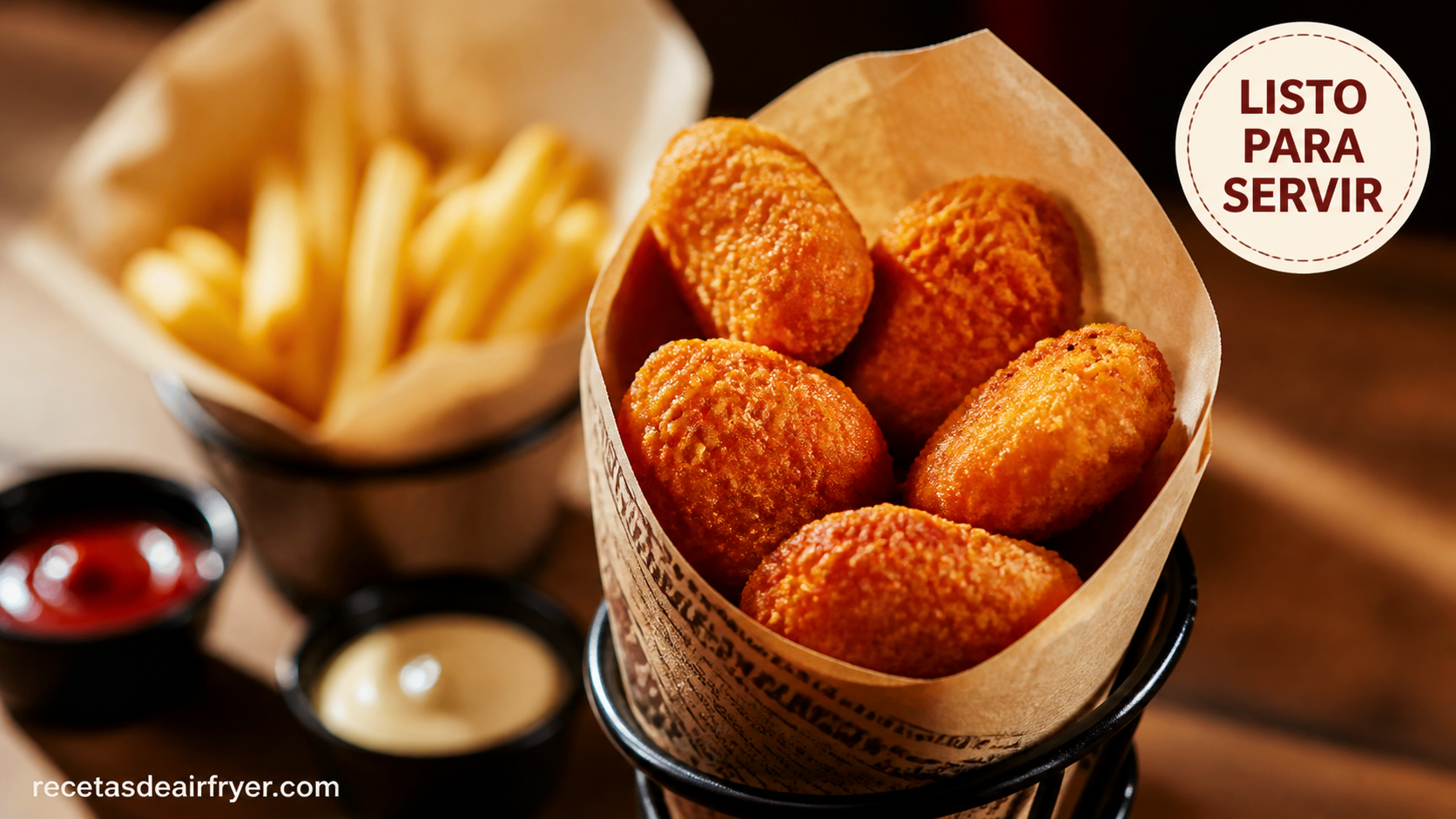 Nuggets de pollo servidos con patatas fritas