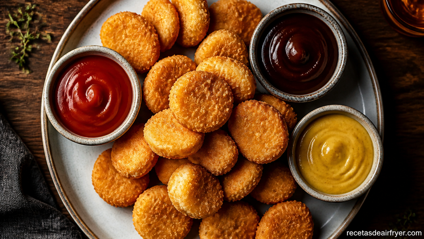 Nuggets de pollo servidos con diferentes salsas