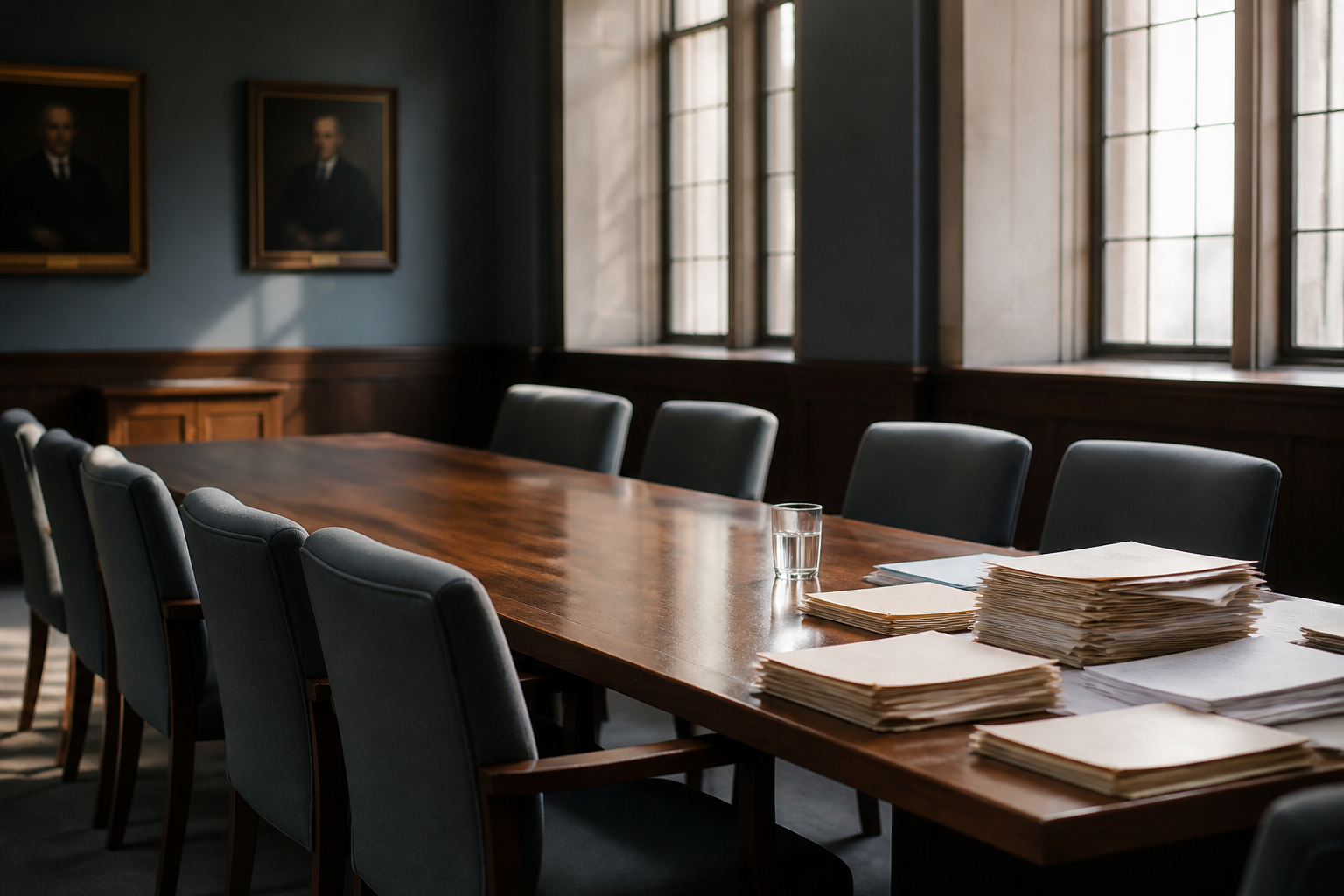 An empty university committee hearing room: a long polished wood table, vacant chairs and stacks of unsorted case folders in raking morning light.