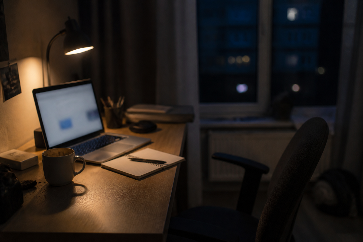A dim student desk at night: an open laptop glowing against darkness, an untouched notebook and a cold mug beside it, the chair pushed back.