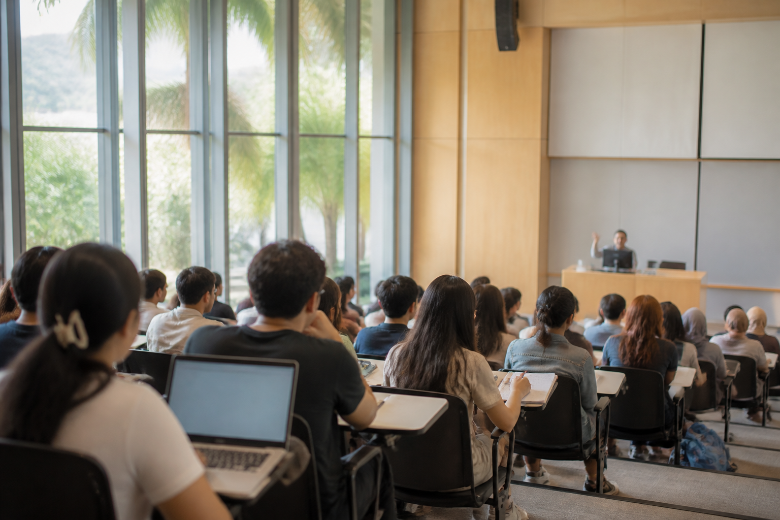 A bright modern lecture hall in Southeast Asia during orientation week: tiered seating partly filled with undergraduates, laptops open, tropical greenery beyond tall windows.