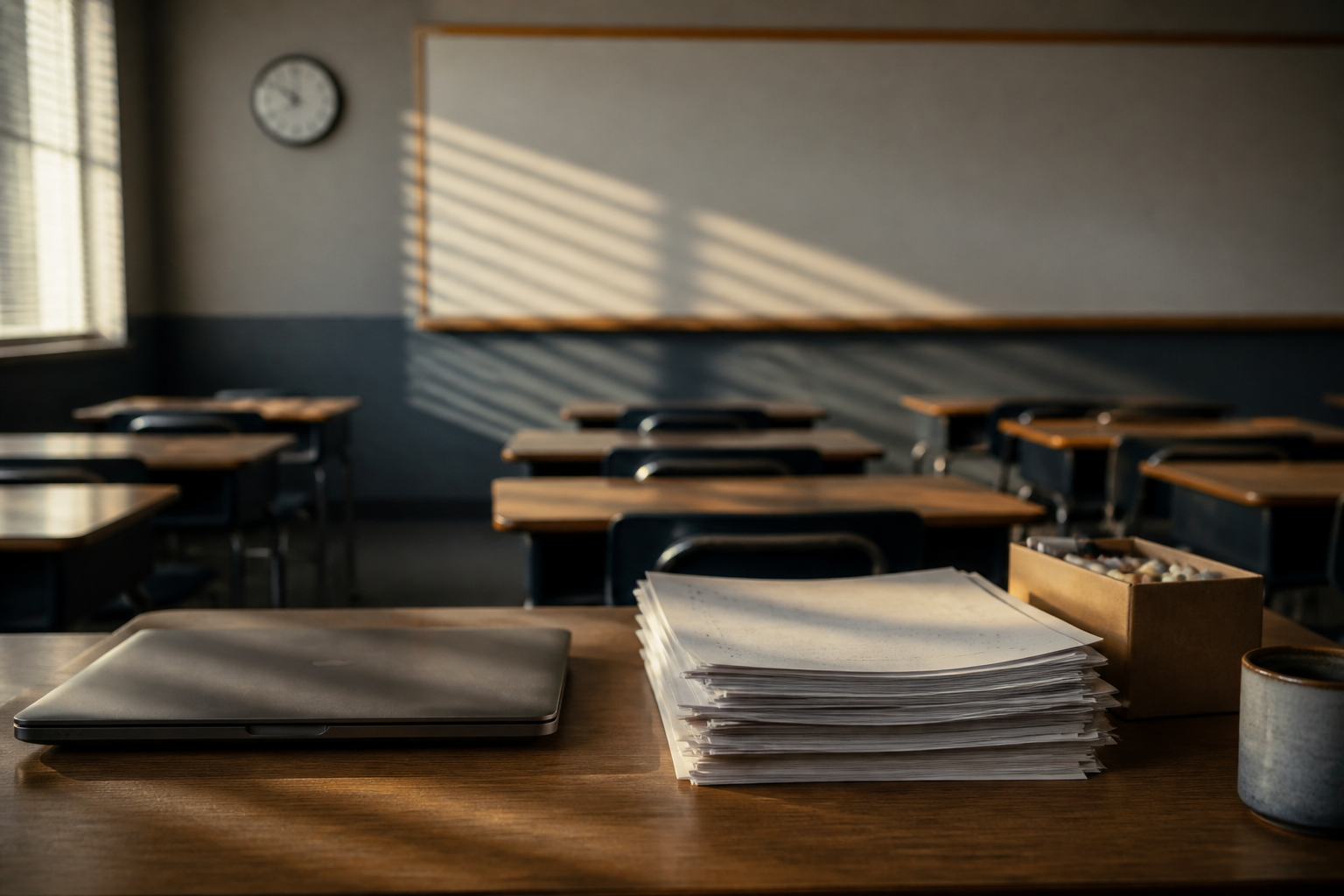 A teacher's desk in an empty classroom after hours: a closed laptop, a stack of graded worksheets and rows of small desks behind, lit through blinds.