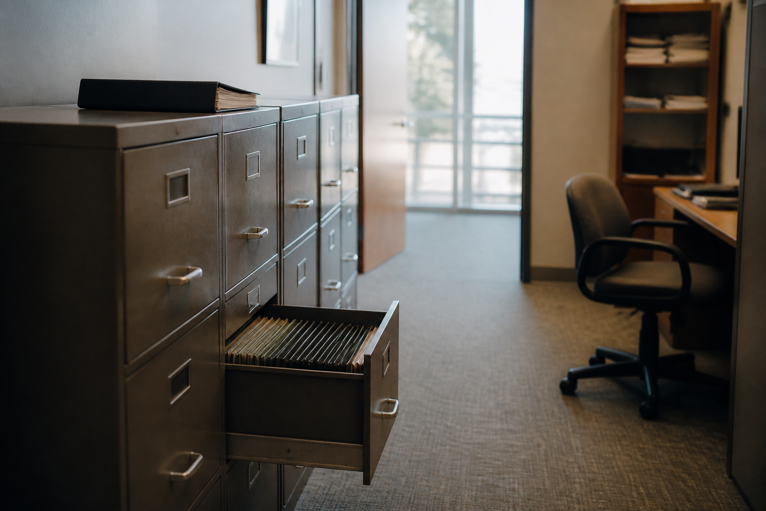 A university administrative corridor lined with grey filing cabinets, one drawer open, an empty swivel chair and cool daylight from a far doorway.