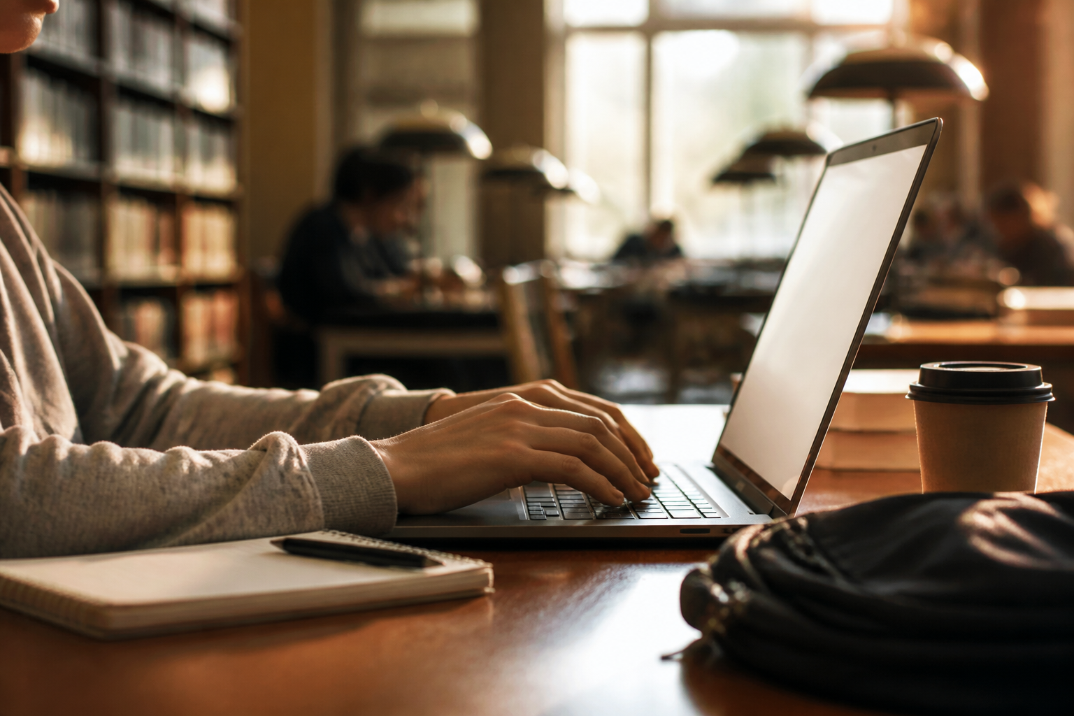 A college student typing on a laptop at a library desk