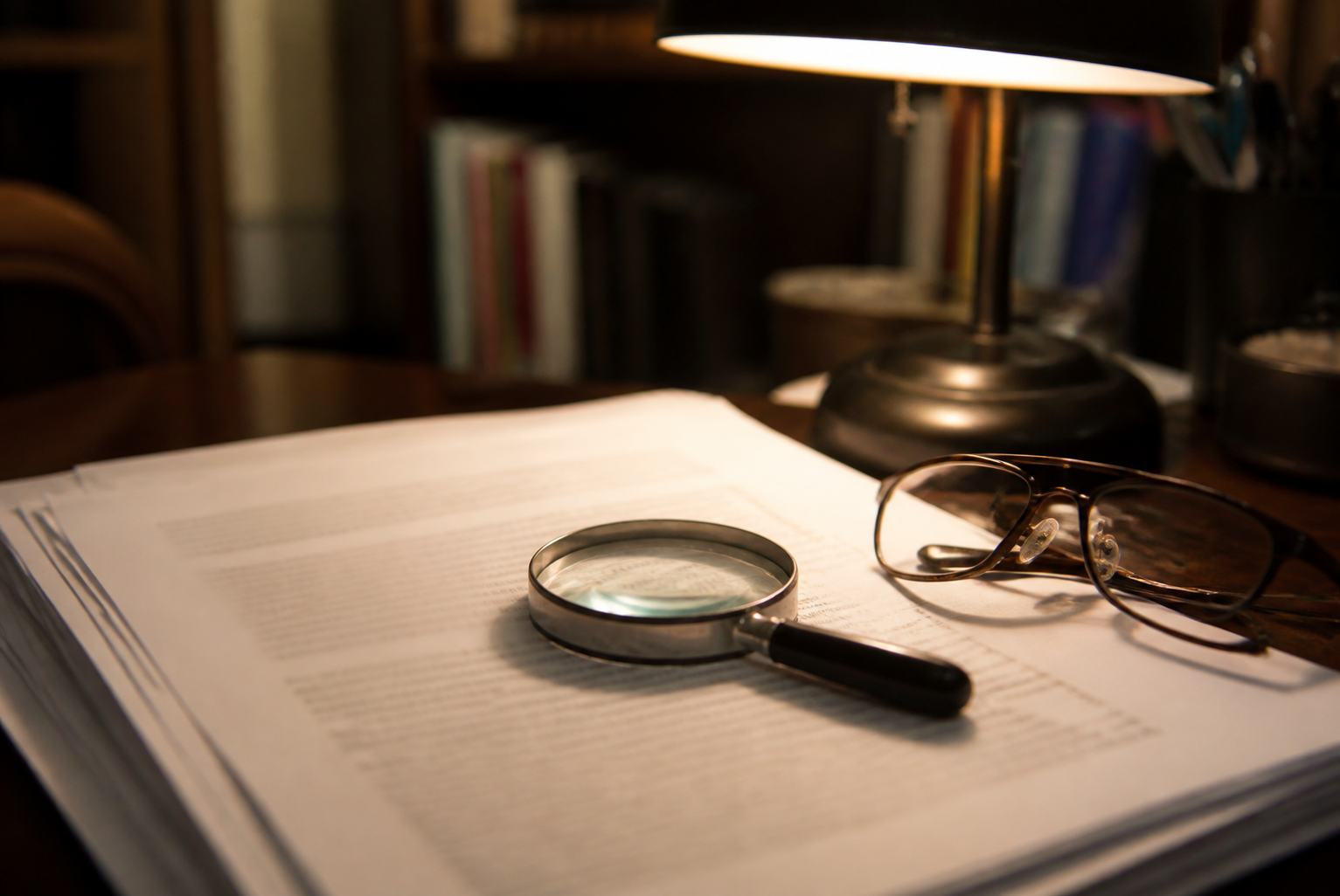 Printed essay pages under a desk lamp with a magnifying glass