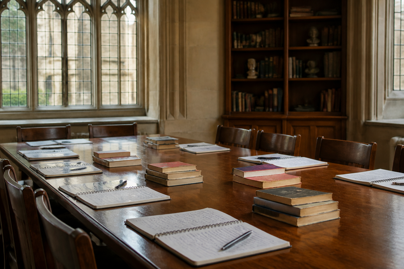 An empty university seminar room: long polished wooden table, stacks of worn paperbacks and open handwritten notebooks at each seat, no screens anywhere, daylight through tall leaded windows.