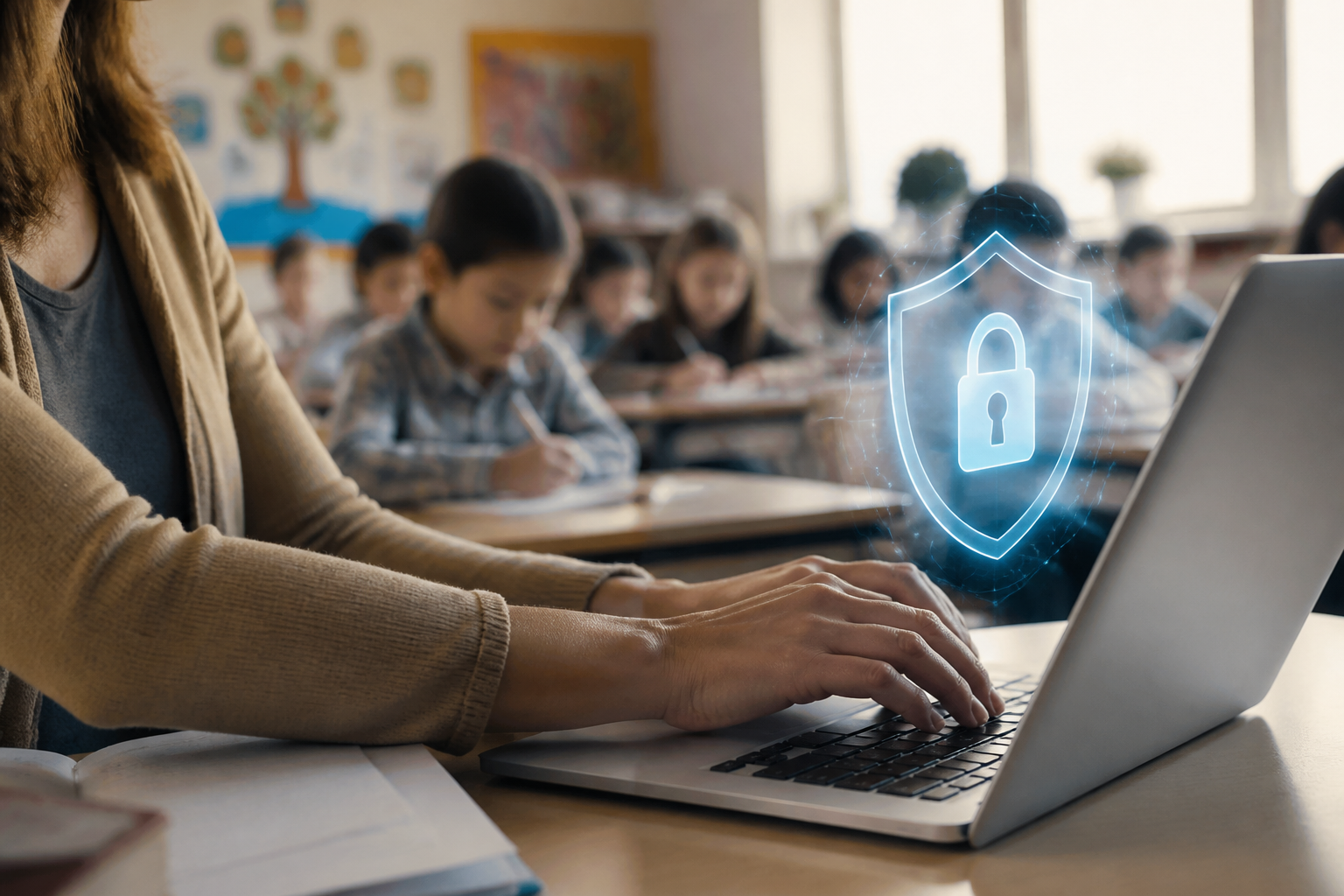 Teacher's hands on a laptop in a classroom