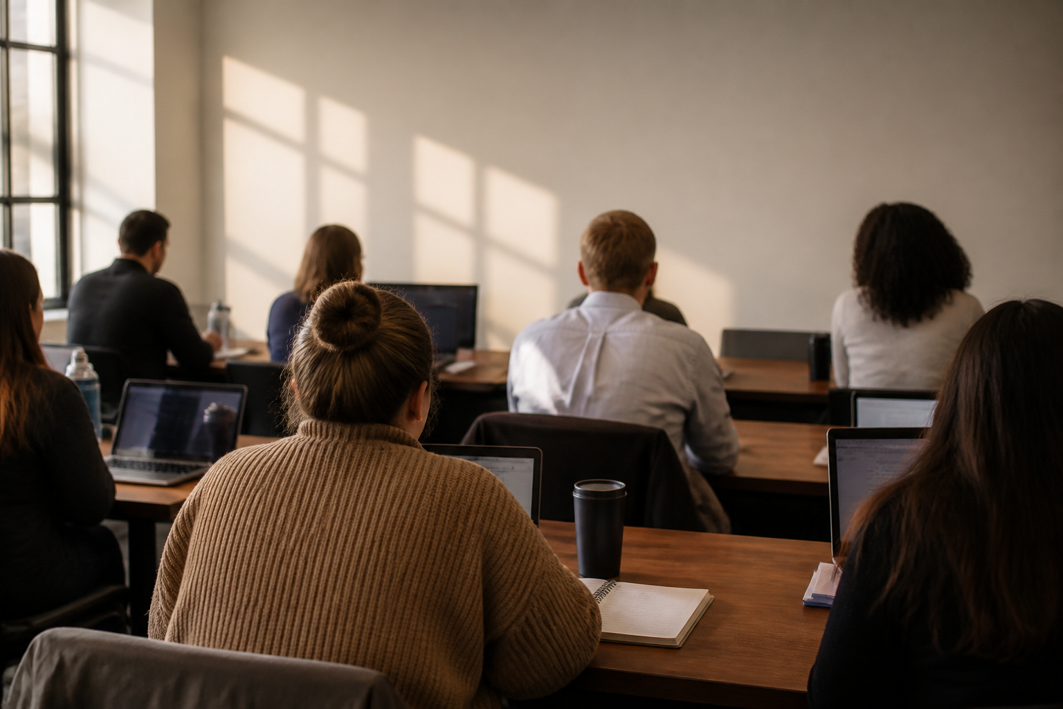 Adult student teachers in a university seminar room with laptops and notebooks